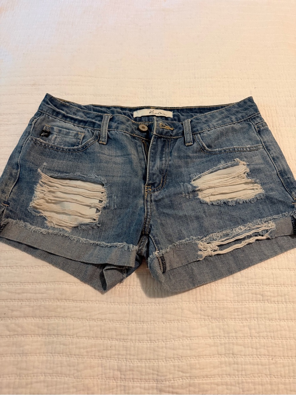 KanCan Medium Wash Distressed Rolled Hem Denim Shorts